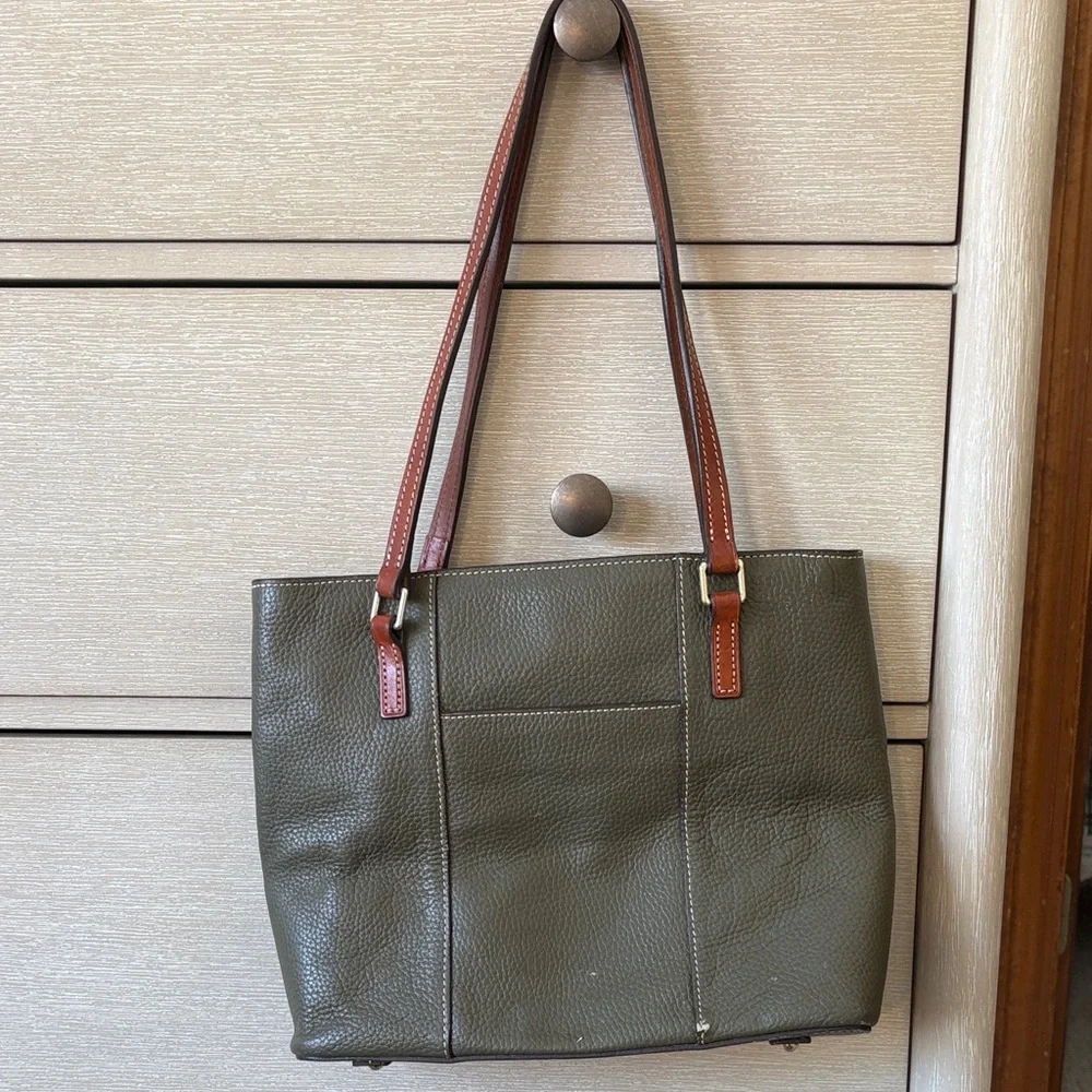 Dooney & Bourke Olive Leather Tote with Brown Handles - Picture 3 of 3